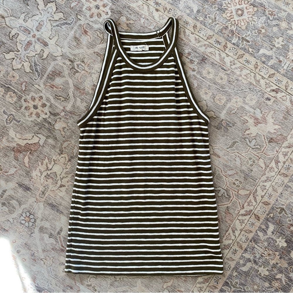 Madewell Olive and White Striped High Neck Sleeveless Tank Top